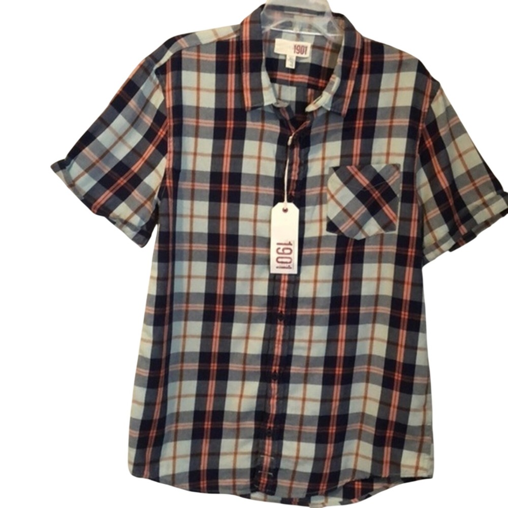 1901 Mens XL Short Sleeve Plaid Button Front Shirt Blue Orange White NWT